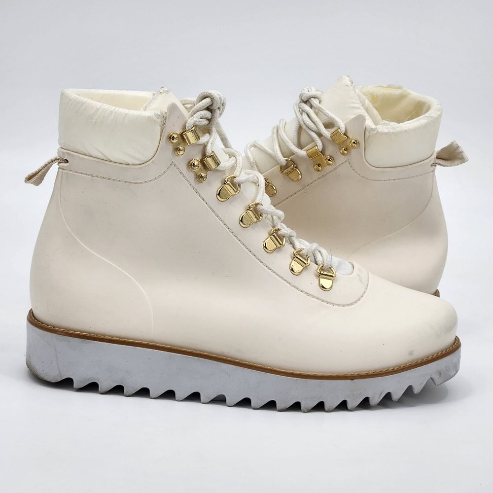 Andre Assous Raldi Lace Up Rain Boots Ankle Booties Women's Size 8 Ivory